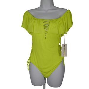 TiniBikini One Piece Ruffle Off the Shoulder Cuttout Neon Yellow One Piece Swimw